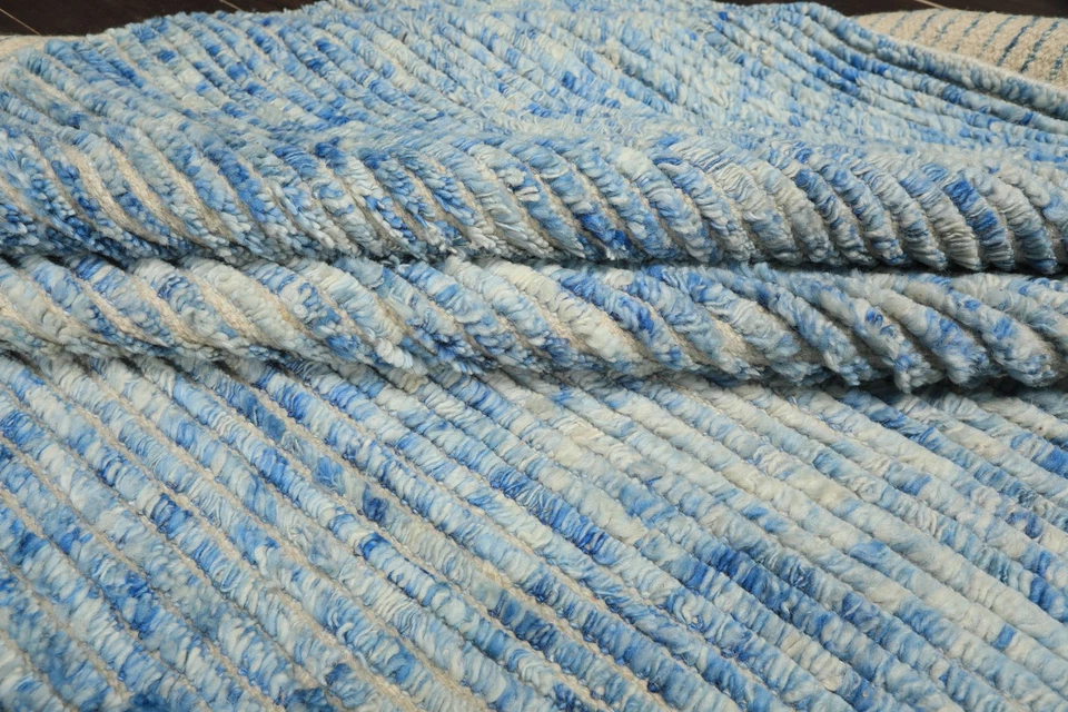 10x14 Hand Knotted Wool Blue Moroccan Modern Plush Pile Ribbed Textured Rug - Image 4 of 4