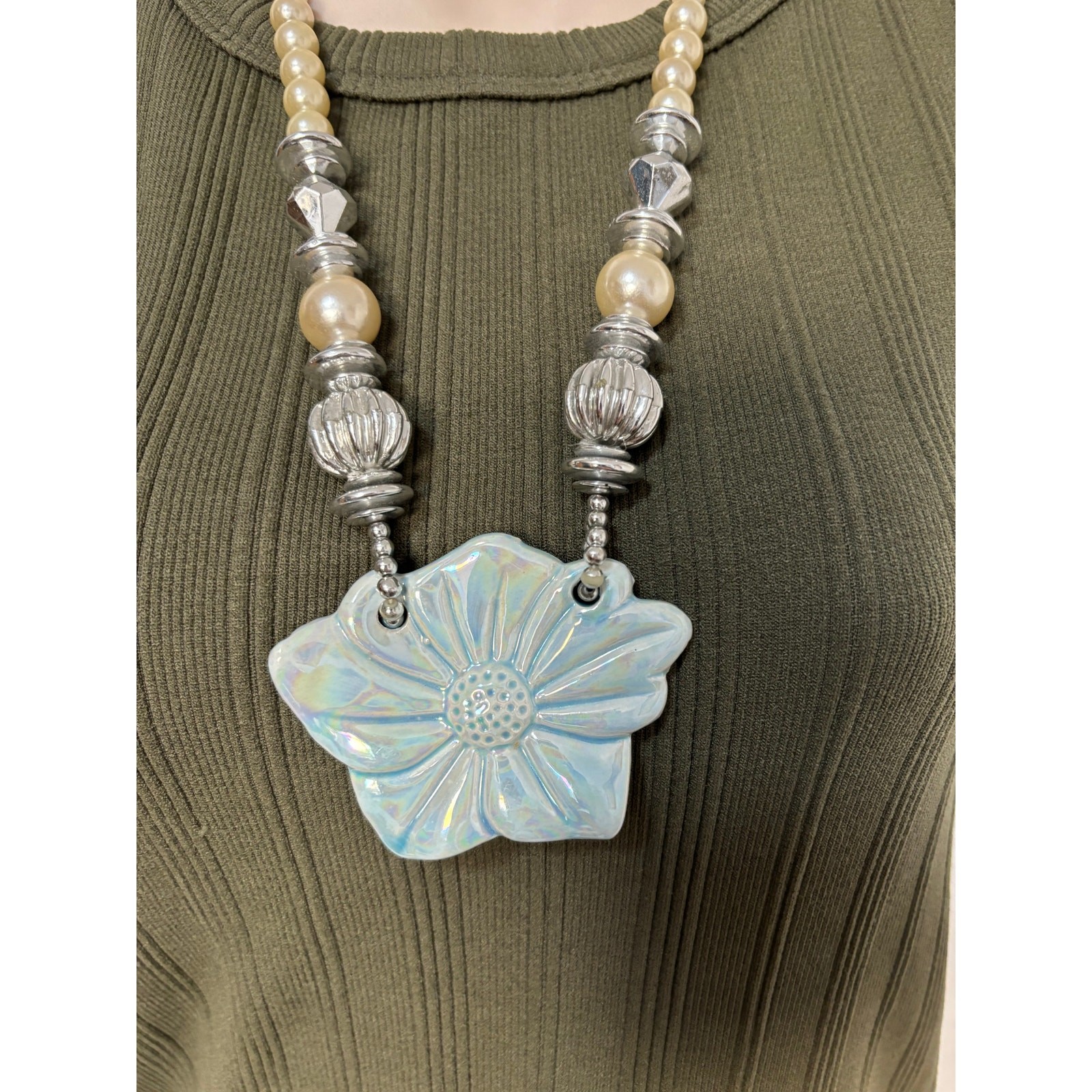 Women's Faux Pearl Blue Ceramic Flower Necklace Silver Beaded Fairy Mermaid Gift