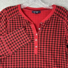 Chaps Shirt Women M Red Black Plaid Henley Long Sleeve Cotton Buffalo Check FLAW