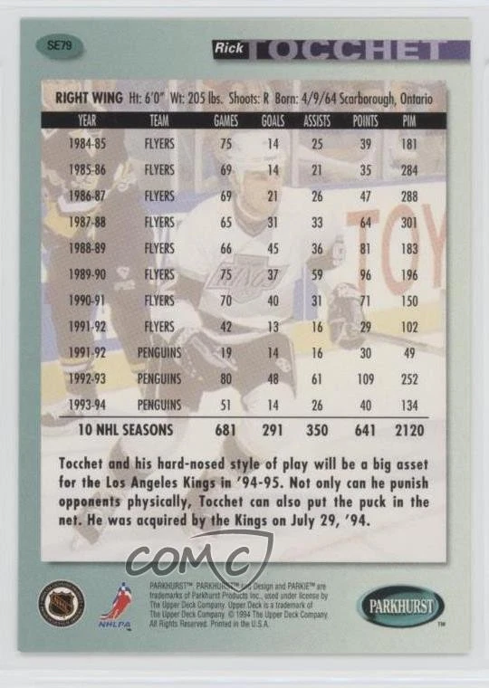 1994-95 Parkhurst SE Rick Tocchet #SE79 - Image 2 of 2