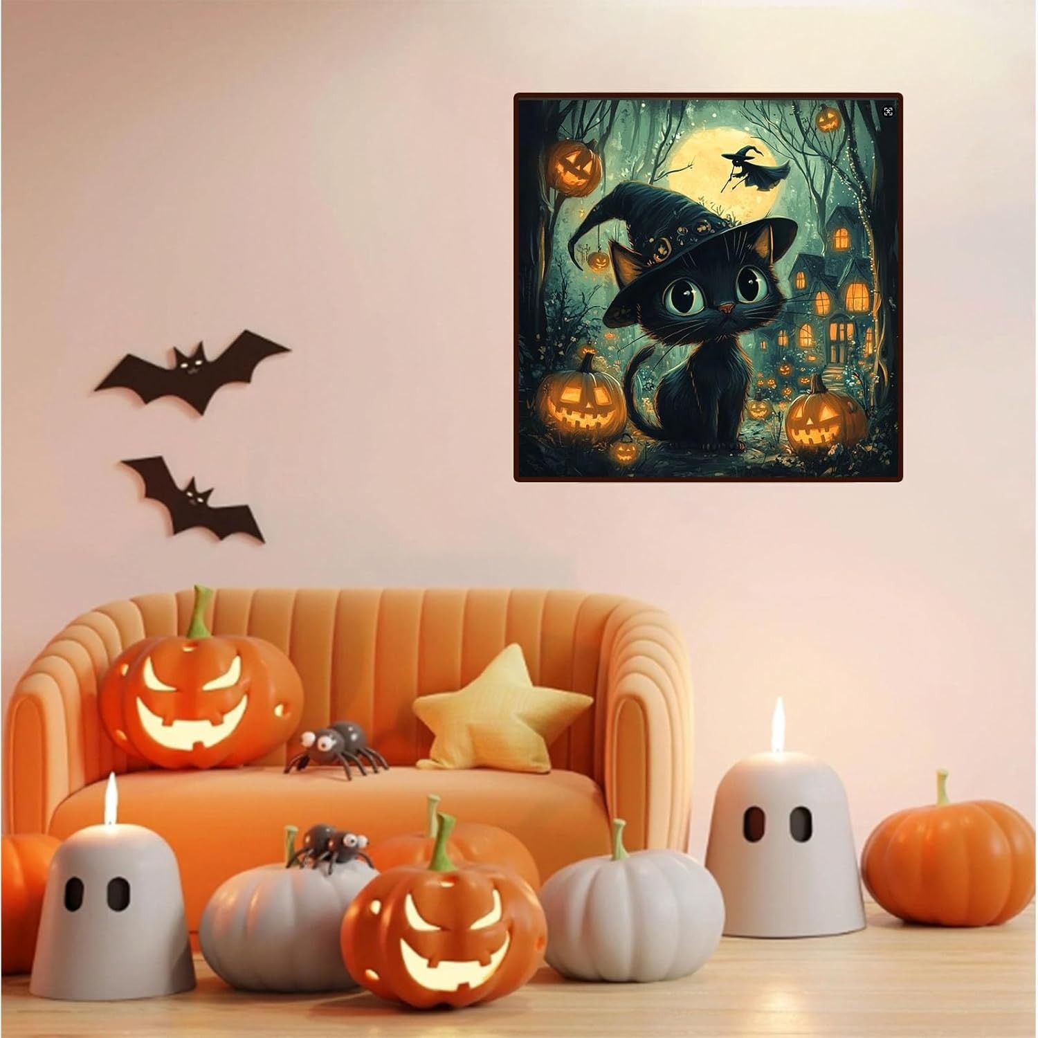 Black Cat Diamond Art Kits for Adults-Halloween 5D Diamond Painting Kits for Adu