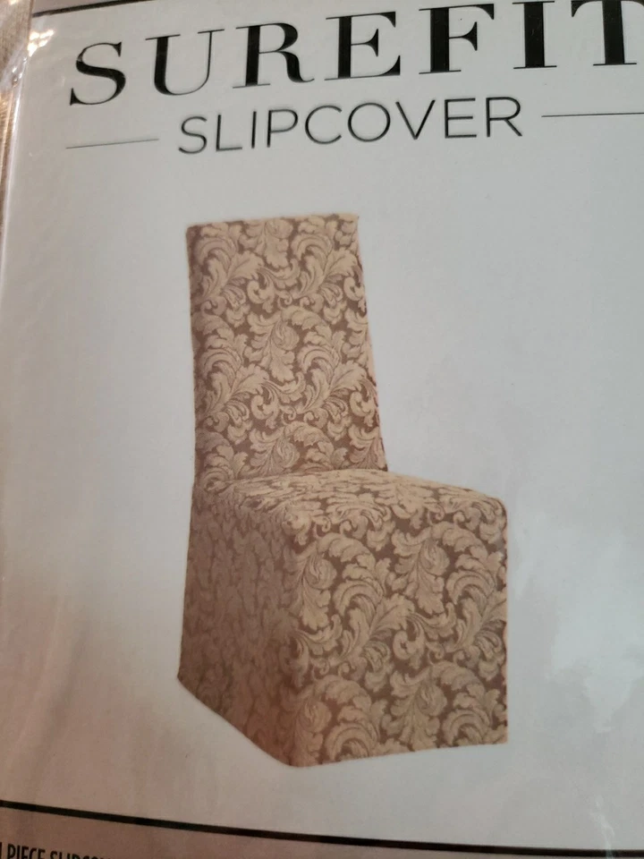 6 SureFit Scroll Long Dining Chair Slipcover Champagne Full Length Fits Up 42" - Image 2 of 4
