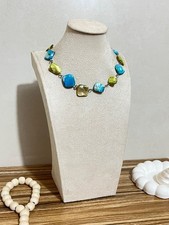 Blue & Green Mother of Pearl Shell Station Choker Necklace Vintage Beach Jewelry