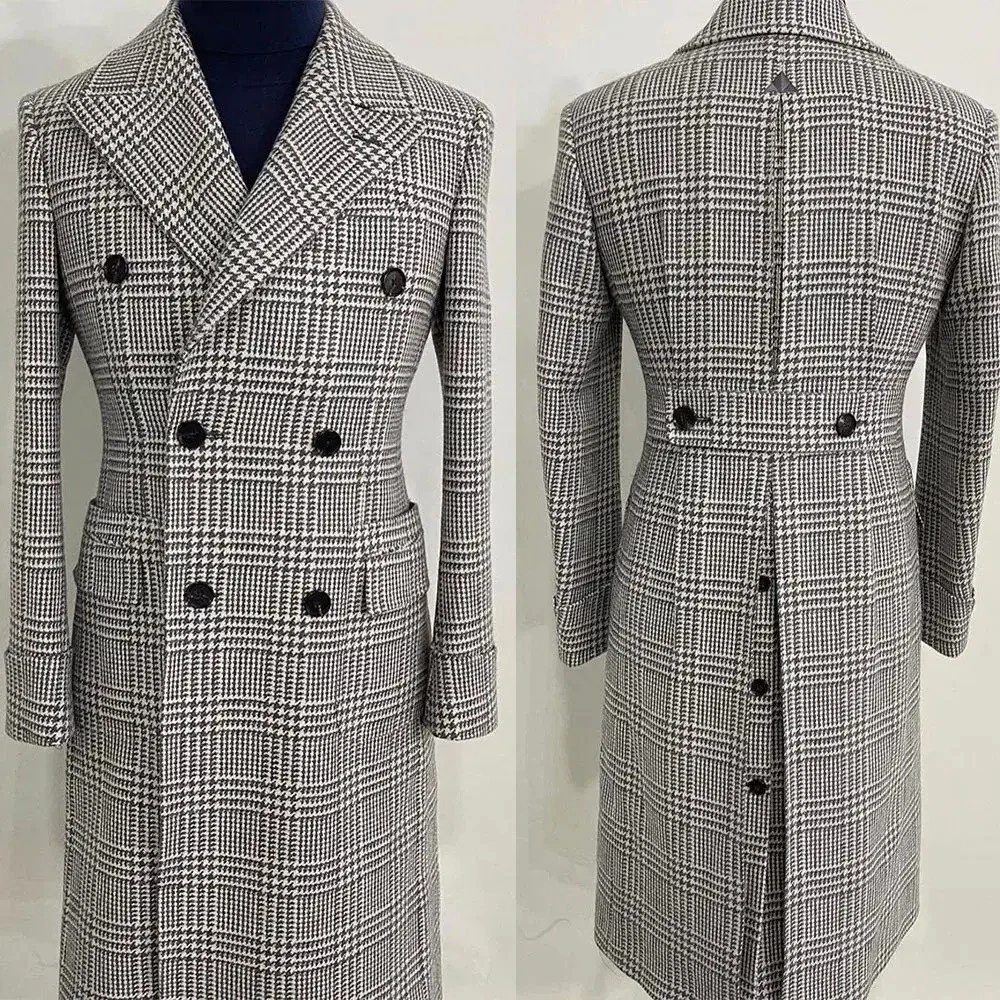 Men Gray Herringbone Coat Double Breasted Jacket Tweed Belt Cashmere Peak Lapel