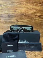 CHANEL SUNGLASSES BLACK WHITE FRAME 100 AUTHENTIC CLASSIC 6057 SHIELD WOMEN