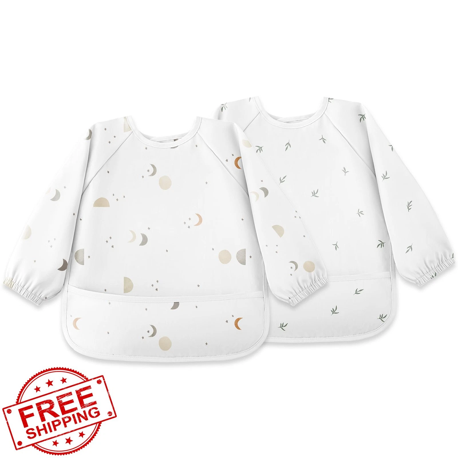 Susurration Baby Bibs with Sleeves 2pk Waterproof Grey Moon