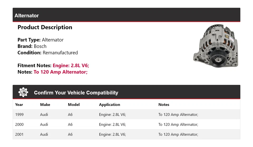 Alternador Bosch para Audi A6 1999-2001 2,8 L V6 (remanufacturado) 2000 Foto 2 de 4