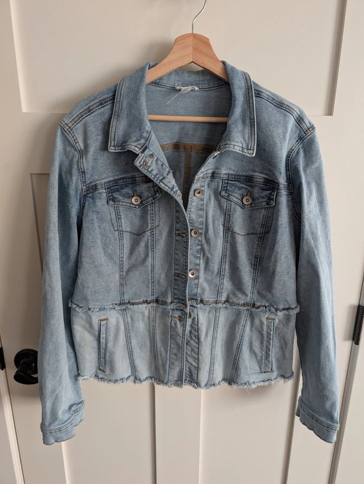 TRIBAL JEANS Chaqueta Mujer XL Elástica Corte Dobladillo Crudo Denim Envejecido Lavado Ligero Foto 2 de 4