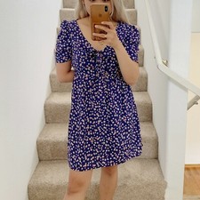 Forever 21 Blue Floral Front Tie Puff Sleeve Mini Dress S