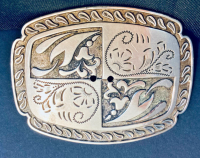 Belt Buckle Western Silver Heavy With Intricate Design L4” X 