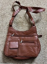 Organizer Purse Shoulder Bag Faux Brown Leather Multiple Pockets Zips Shut NEW