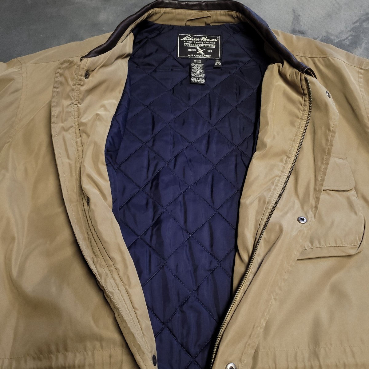 Vtg Eddie Bauer Poly Leather Collar Quilt Lined Full Zip Snap Coat