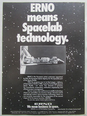 3/1980 PUB ERNO RAUMFAHRT TECHNIK ESA SPACE SPACELAB SHUTTLE ORIGINAL ANZEIGE