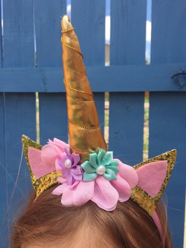 Girl's Pink Purple and Glittery Gold Unicorn Headband great for birthday party - Picture 3 of 5