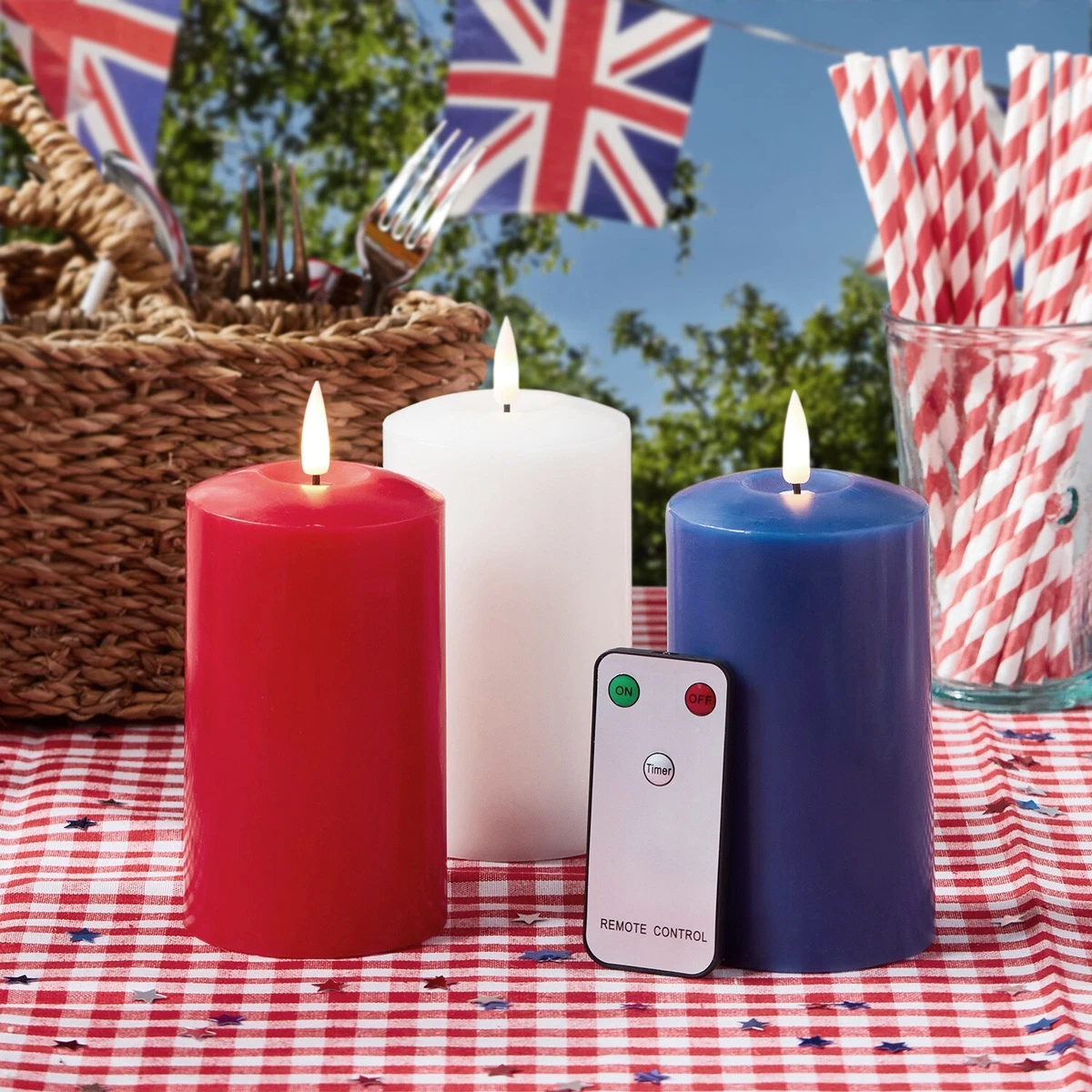 Lights4fun Red White Blue Wax TruGlow Battery LED Flameless Candles Remote