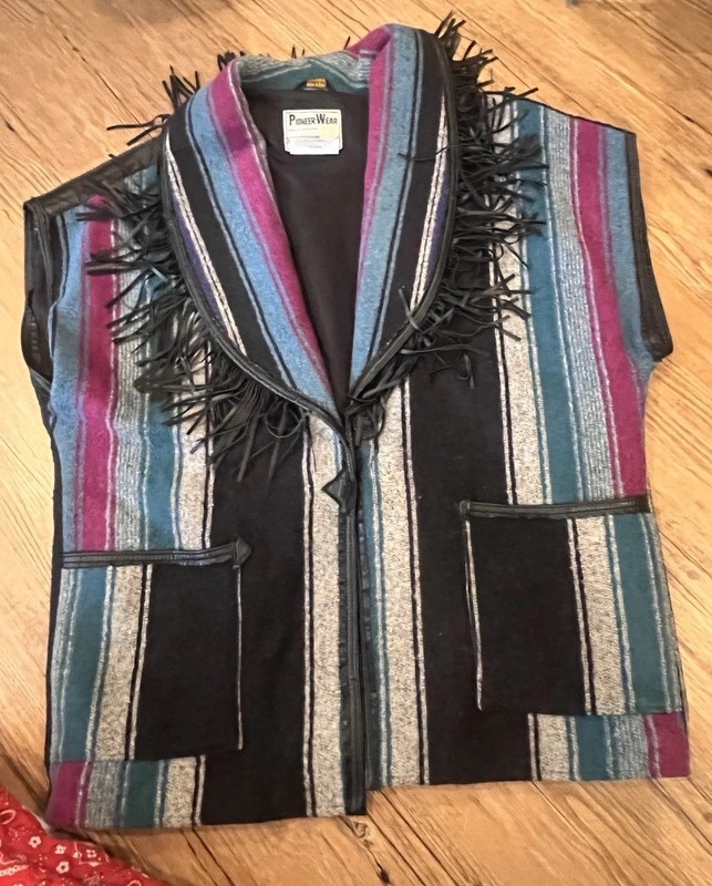 Vtg Pioneer Wear Blanket Vest Leather Fringe Concho Lined Hippie Boho Western XL