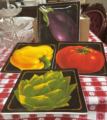 4 Pc Harry & David Square Plates Set Eggplant Pepper Artichoke Tomato Dishes Lot