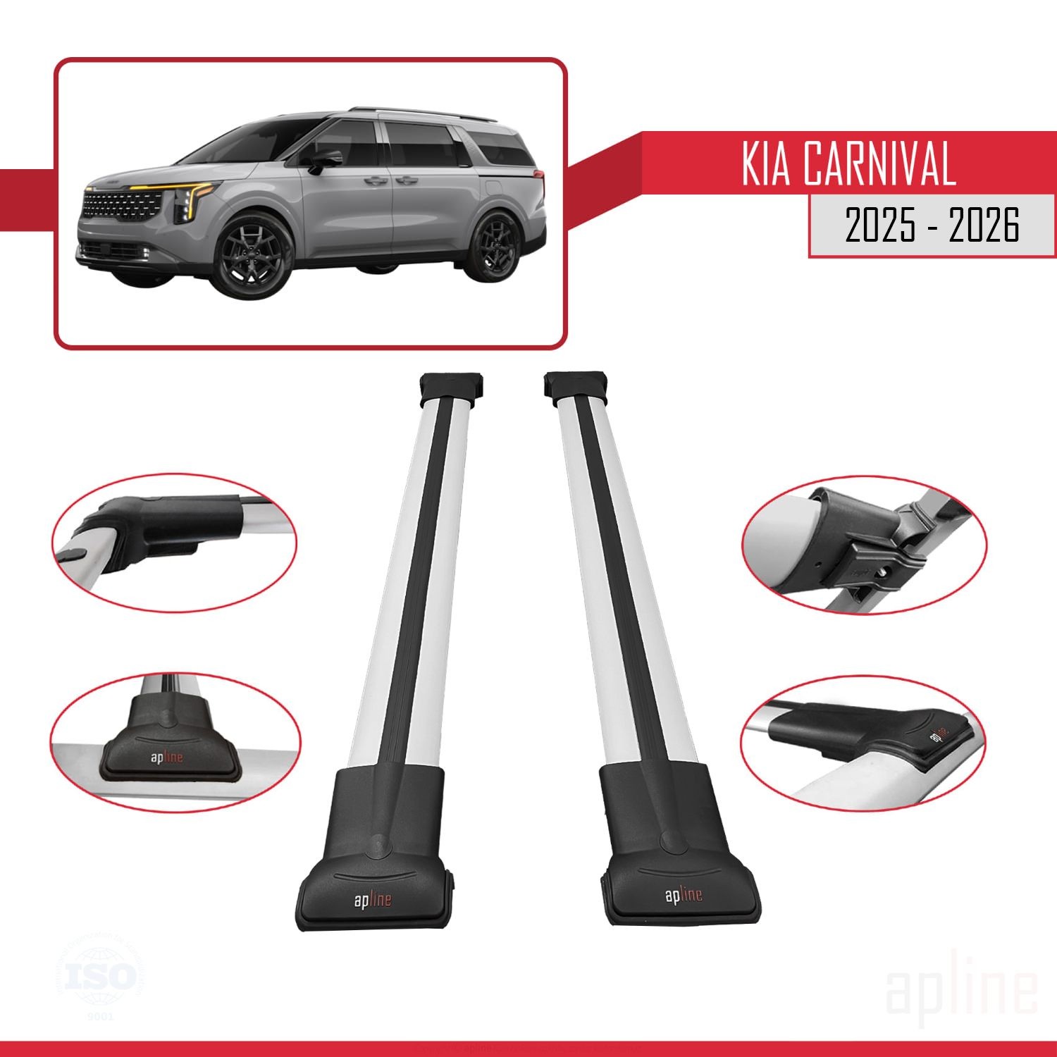 Barres de toit aérodynamiques en alu gris pour Kia Carnival 2025