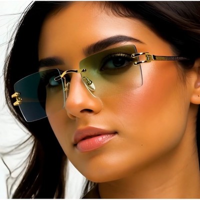 Frameless Square Women Sunglasses Gold Frame Green Tint Lens Chic Lentes Gafas