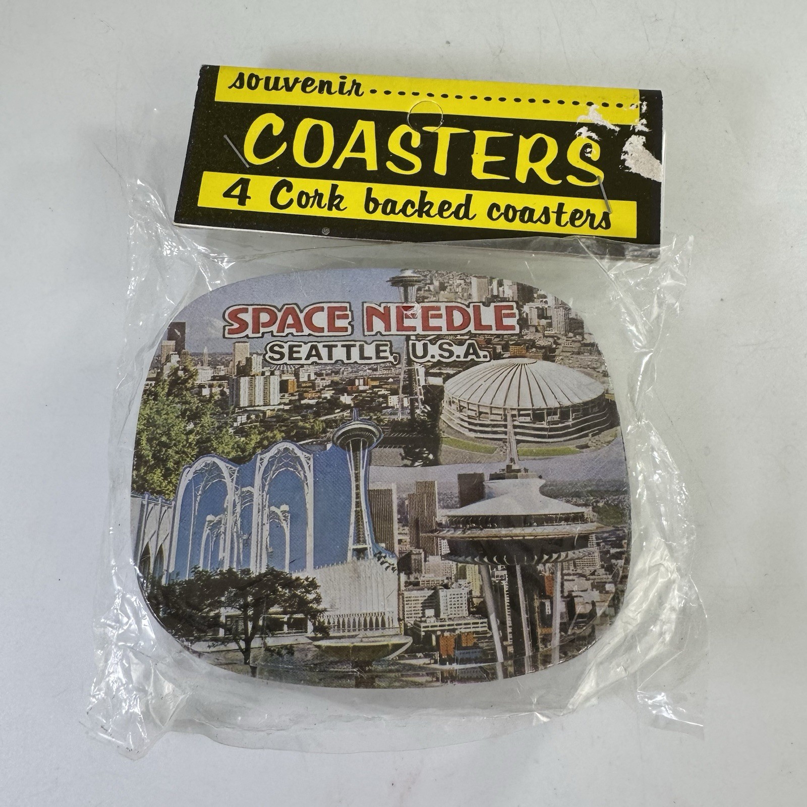 Vintage Seattle Space Needle Souvenir Coasters Set of 4 Cork Backed Mid Century