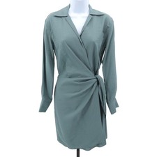 Vince Wrap Front Long Sleeve Shirtdress Celadon Green XS Minimalist Tie Waist