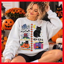 FREE SHIP Halloween Black Cat Pumpkin Sweatshirt, Retro 90s Ghost Crewneck
