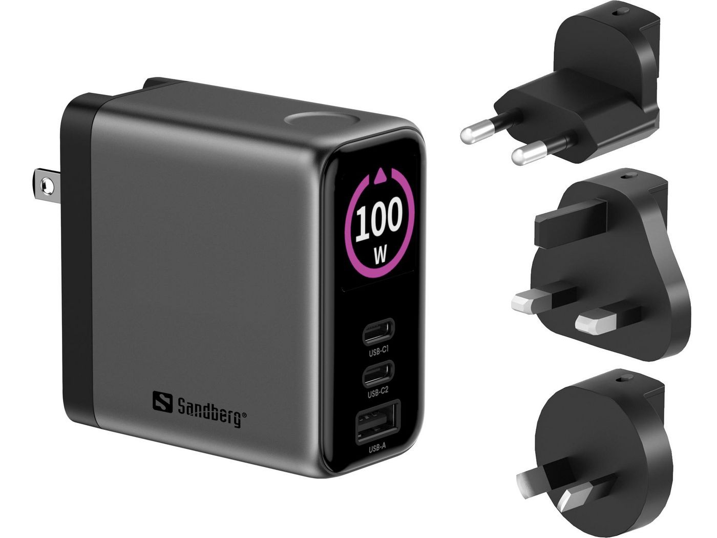 Sandberg Travel Charger PD100W Display (100 W, 3 Ports), USB Ladegerät, Grau - Bild 2