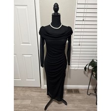 Ember Black Glitter Ruched Off Shoulder Midi Dress Long Sleeve SDB1396 Women