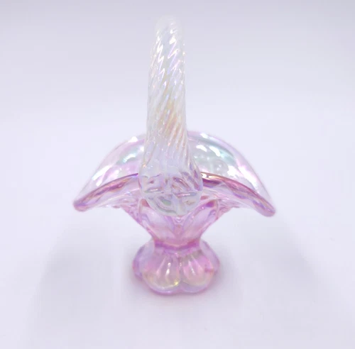 Fenton Dusty Rose Pink w Clear Handle MINI Glass Basket Carnival w Sticker