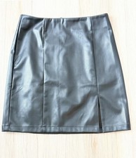 Faux Leather Mini Skirt with Slit, Black, Women s Medium, NWT