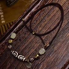 Handmade Cotton Cord Necklace Natural Agate Double Mountain Vase Dzi Charm