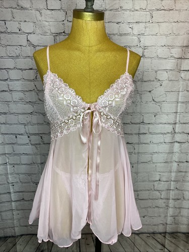 Frilly Pink Nightie Babydoll Negligee Set Medium Satin Ribbons Chiffon Sheer - Picture 7 of 23