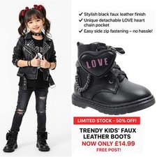 Girls Ankle Boots Lace Up Black Kids Chain Faux Leather Zip Up LOVE Shoe Size