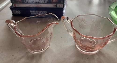 Vintage Pink Depression Glass Sugar Bowl and Creamer