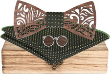 Mens Wooden Bow Tie Set Openwork Carving Design Cufflinks Pocket Square