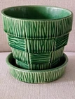 VINTAGE MCCOY POTTERY  4 INCH BASKETWEAVE FLOWER POT WITH ATTATCHED SAUCER
