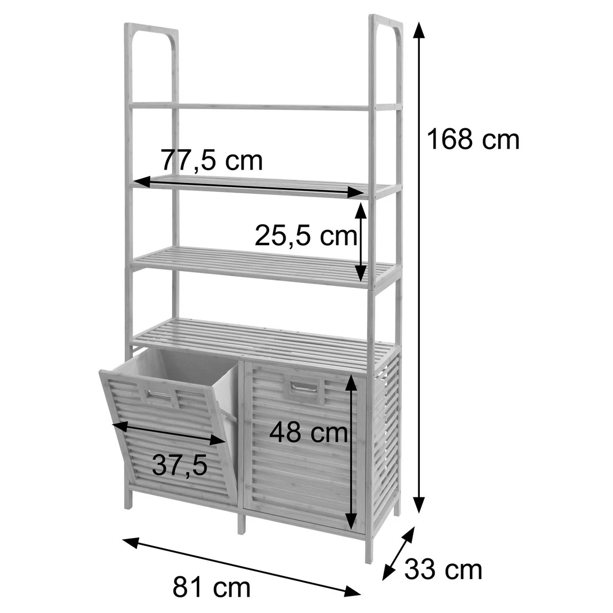 B-Ware Armario de baño de bambú MCW-N83, 4 estantes, natural, cesta gris