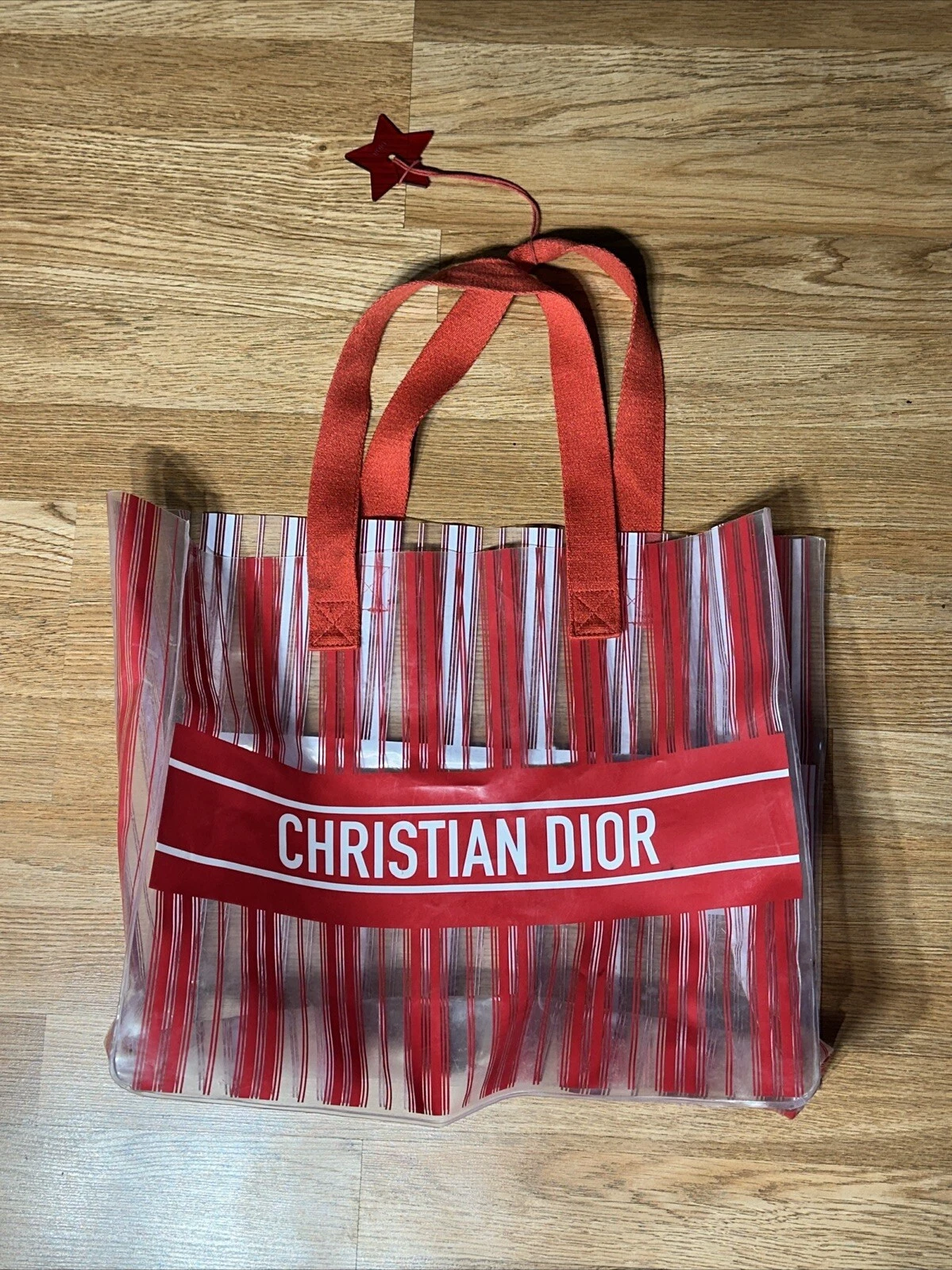 Sac shopping Christian Dior transparent rayures rouges rare créateur glam plage année 2000