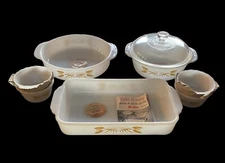 NEW Fire King Wheat Pattern 8 Pc 4 Custard Casserole Lid Cake & Baking Pan