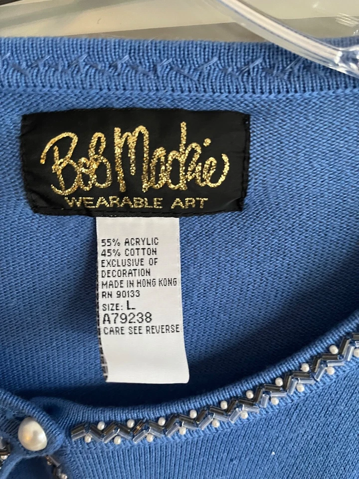 Cárdigan Bob Mackie Usable Azul Suéter Cuentas Libélulas Brillante Apenas Usado LG Foto 2 de 4