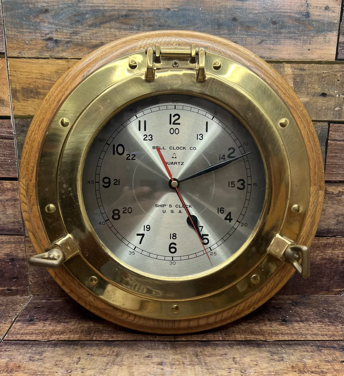 Vintage Bell Clock Company ~ Nautical Ship's Porthole Brass & Oak Wall Clock