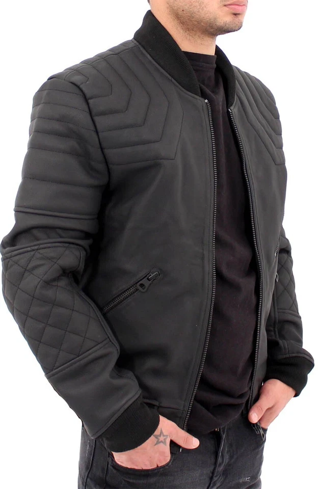 Chaqueta Bomber De Cuero Negra Para Hombre – 100% Cuero Real Acolchada Ajustada - Imagen 3 de 4