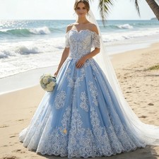 Light Sky Blue Beach Wedding Dress With Ivory Lace Appliques Off-Shoulder Pleats