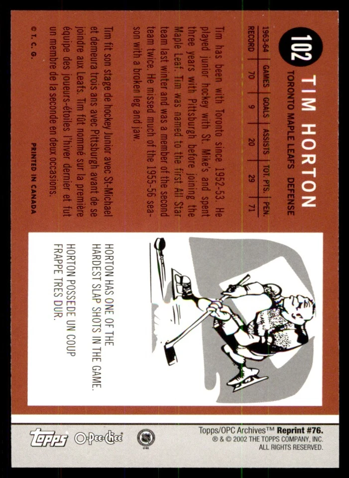 2001-02 Topps / O-Pee-Chee Archives Tim Horton #76 - Image 2 of 2