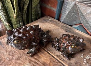 Set 2 Vintage Japanese Cryptomeria Wooden Frog Toads Hand Carved Bumps 7" & 5”