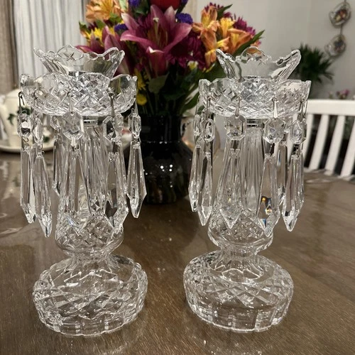 Pair vintage Waterford Crystal Lismore Prestige candlesticks with hanging prisms