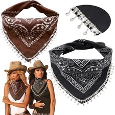 2 PCS Disco Rhinestone Fringed Bandana, Paisley, Cowgirl, Tassel Kerchief