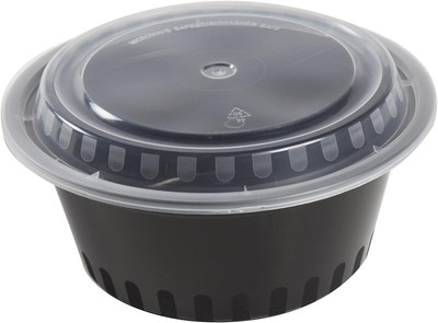 150 Pack of 7'' Black Plastic Containers with Lids - 38 Oz for Microwave/Freezer
