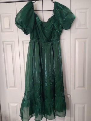 Lulus Green Organza Puff Sleeve Fit & Flare Midi Dress Ruffle Layered Size L