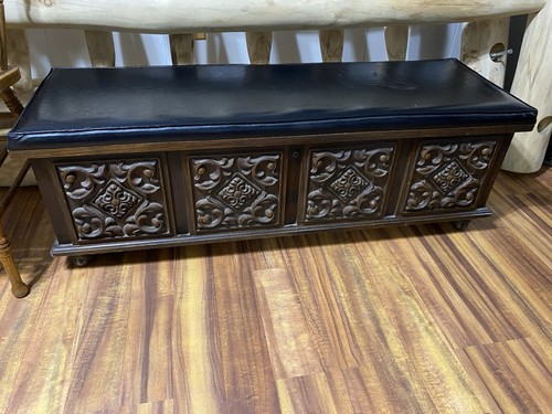 Lane Antique Cedar Bed Chest Floral Carved Lockable Wood Black Top Bedroom
